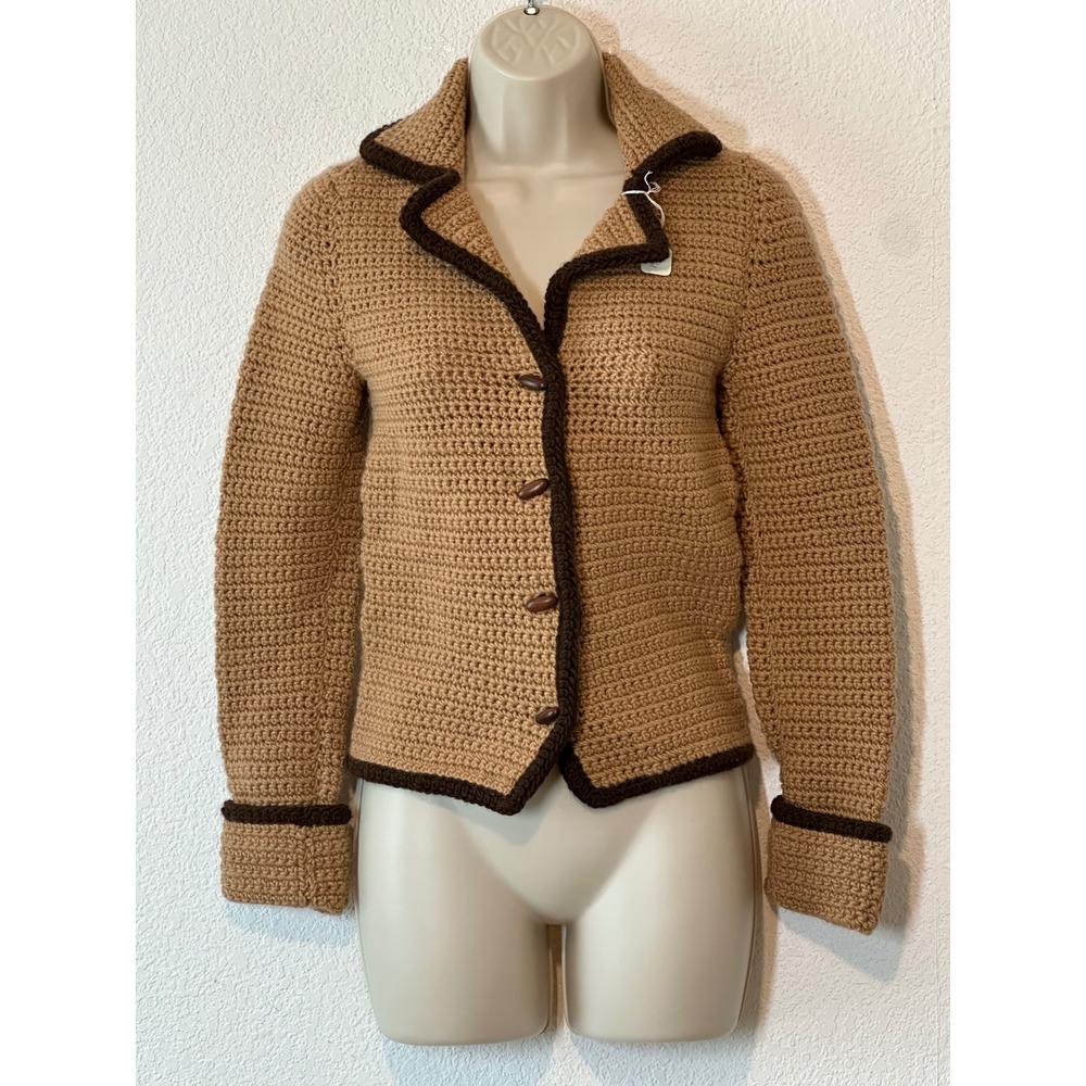 Handmade Vintage 100% Wool Crochet Cardigan Jacket Tan Brown Contrast Trim Small